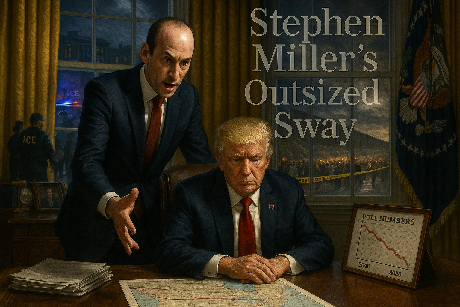 Illustration depicting Stephen Miller's influential role in Trump's immigration crackdown, with Oval Office scene and enforcement imagery.