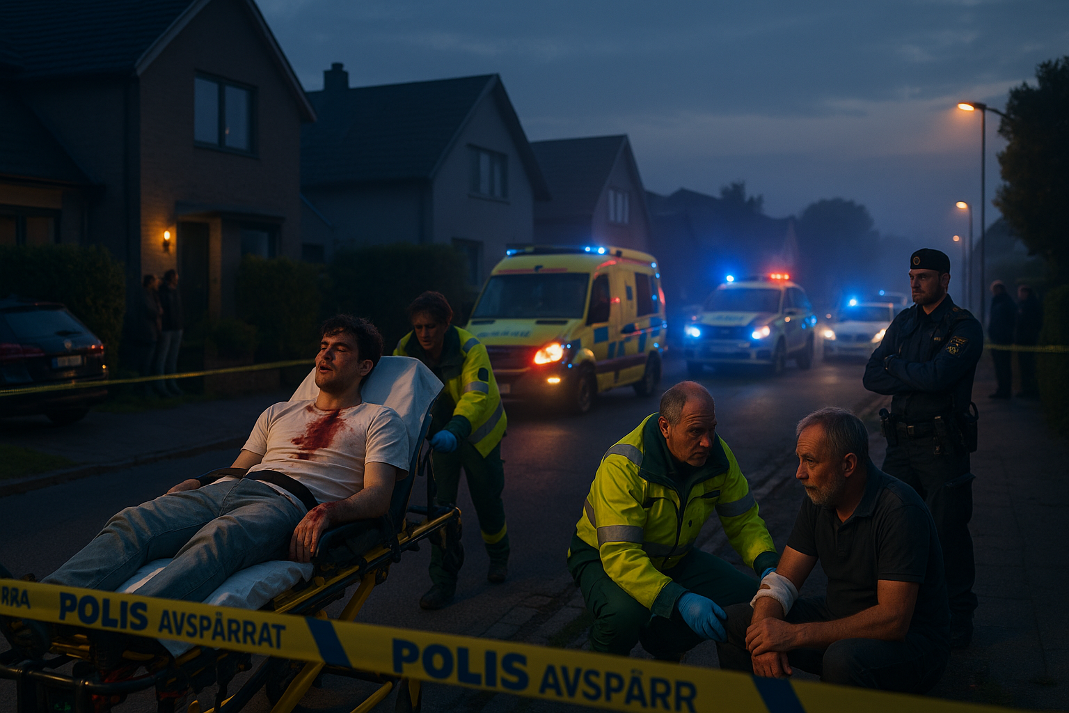 Police and paramedics at dusk responding to a shooting in Malmö suburb Jägersro villastad, treating two injured men amid emergency lights and cordons.