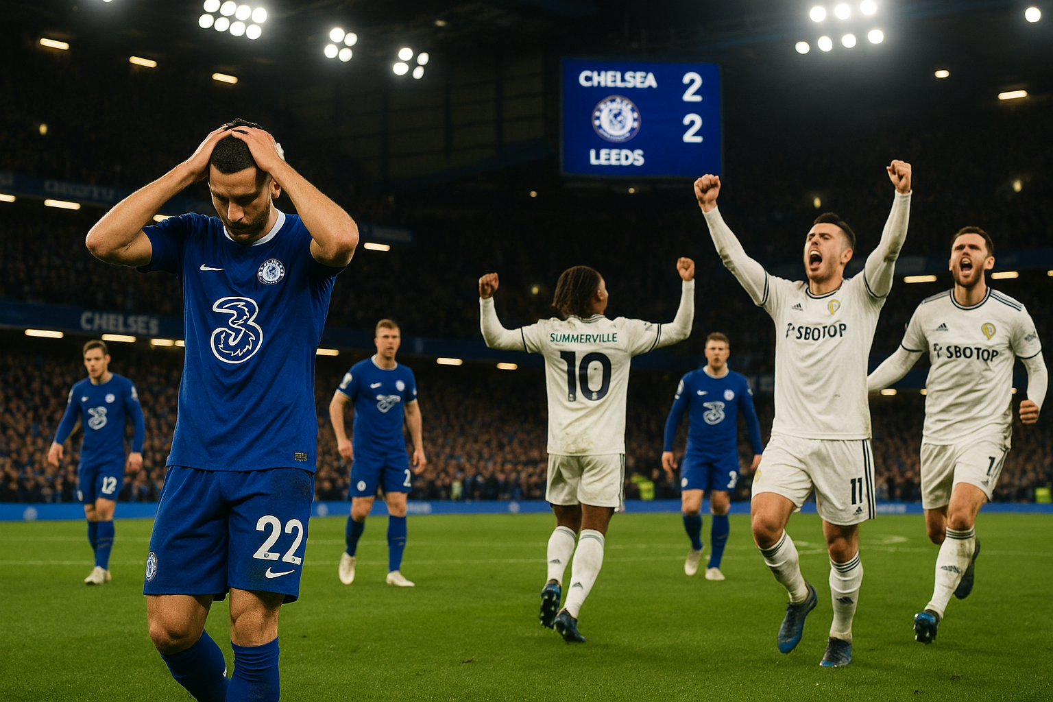 Dejected Chelsea players and celebrating Leeds United after their 2-2 Premier League draw at Stamford Bridge.
