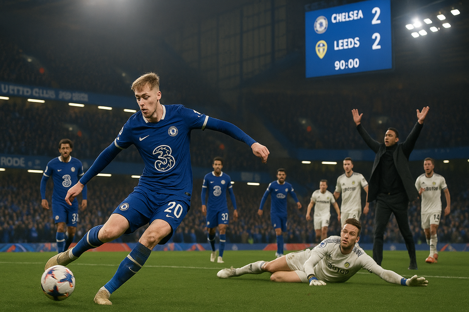 Dramatic moment from Chelsea's 2-2 draw with Leeds at Stamford Bridge: Cole Palmer misses late chance to win it.