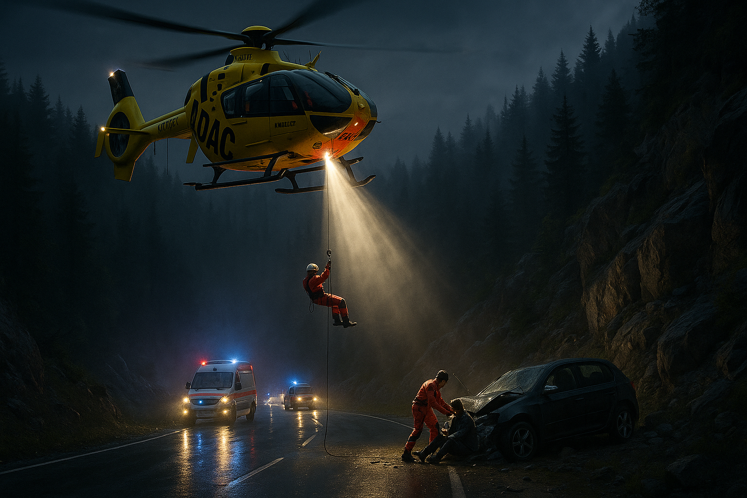 ADAC air rescue helicopter conducting a nighttime winch rescue from a car accident, highlighting challenging missions in 2025.