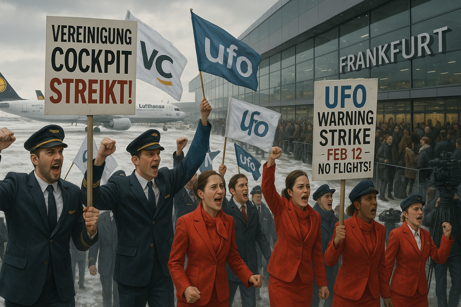 Illustration depicting Lufthansa pilots and flight attendants on strike outside Frankfurt Airport, with grounded planes and queuing passengers amid February 12 disruptions.