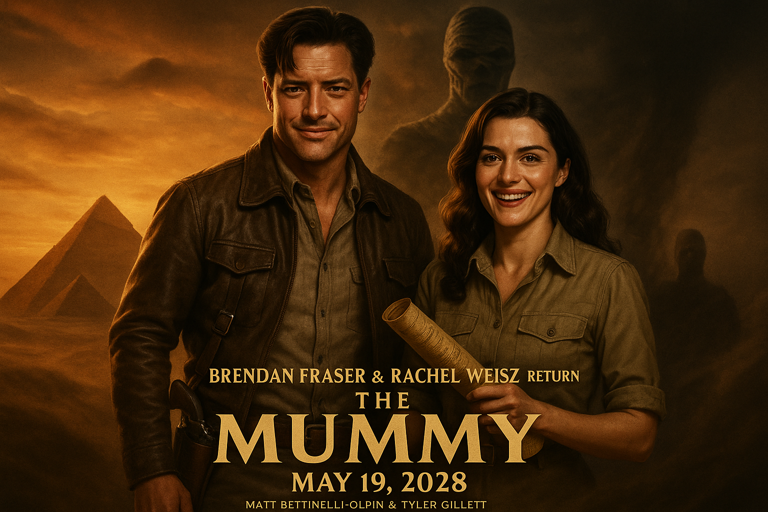 Brendan Fraser and Rachel Weisz illustrated as Rick and Evelyn from The Mummy, posing heroically against pyramids for the 2028 film announcement.