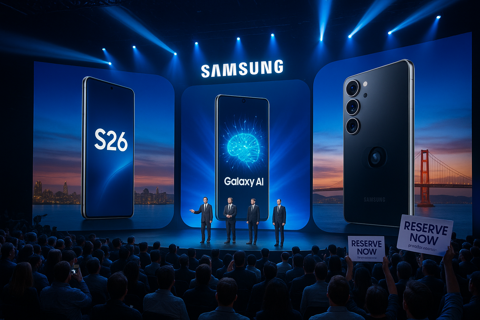 Illustration depicting Samsung's Galaxy Unpacked event stage unveiling the Galaxy S26 series and AI updates in San Francisco on February 25, 2026.