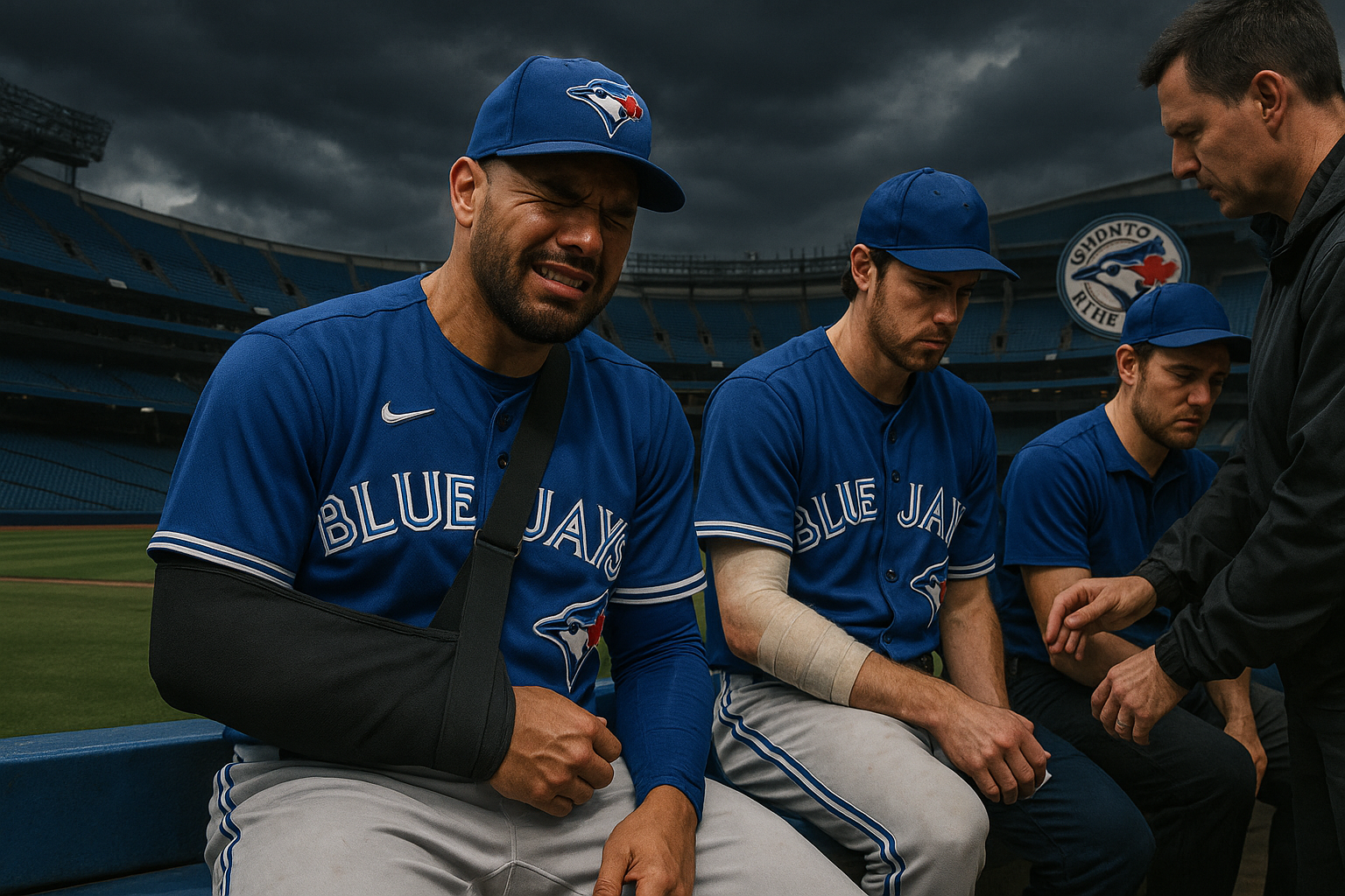 Dejected Toronto Blue Jays players Anthony Santander, Shane Bieber, and Bowden Francis with injury slings on the dugout bench at Rogers Centre.