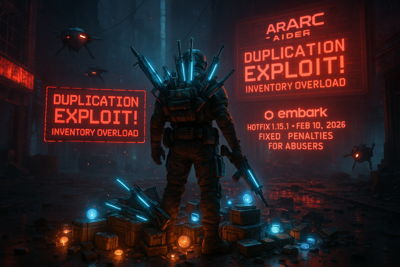 Dramatic scene of Arc Raiders player with bursting duplicated inventory amid hotfix announcement billboard.