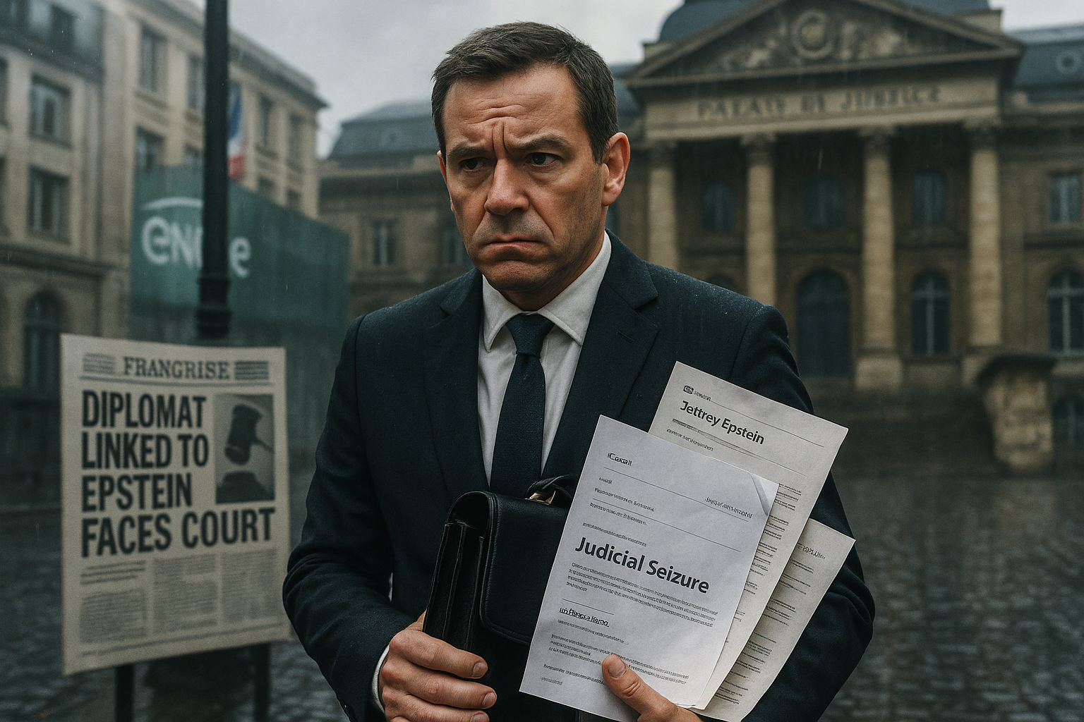 Illustration of French diplomat Fabrice Aidan facing judicial scrutiny over Epstein email links, with court and ministry backdrop.