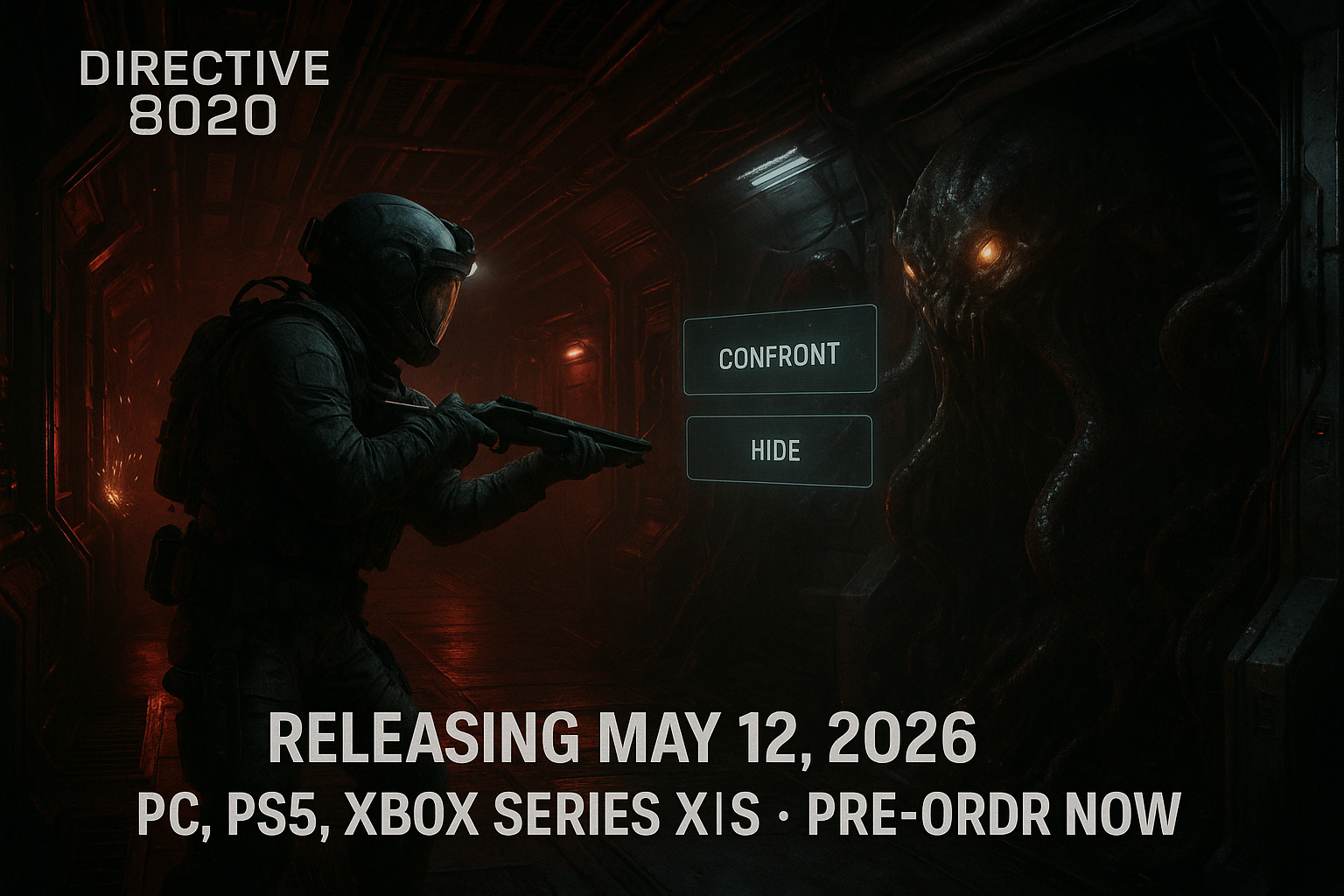 Cinematic sci-fi horror scene from Directive 8020 trailer, featuring astronaut confronting alien threat with release date announcement overlay.