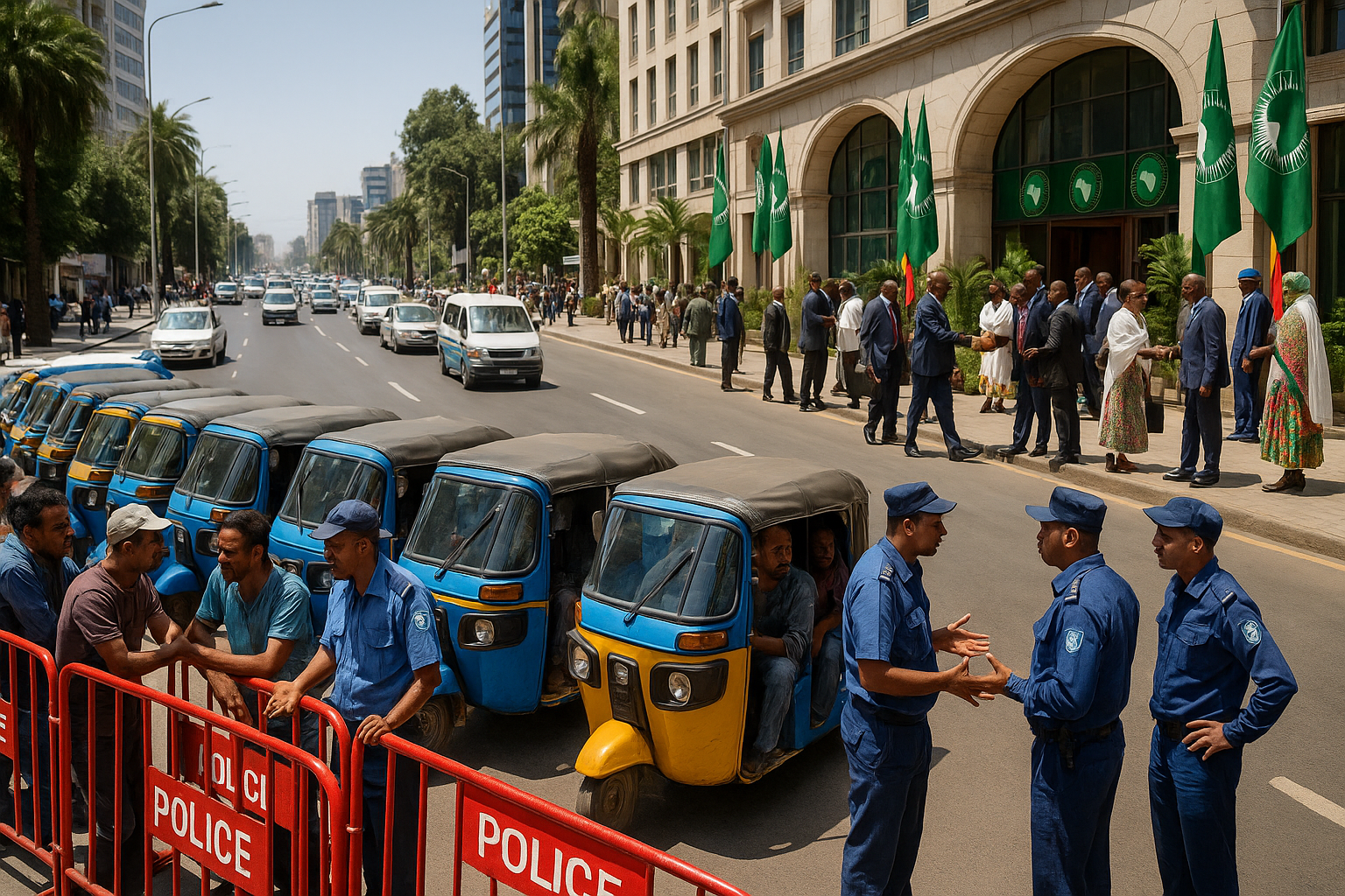 Addis Ababa street scene showing enforced ban on motorcycle taxis ahead of AU summit, with security measures and hotels welcoming African leaders in Ethiopian style.