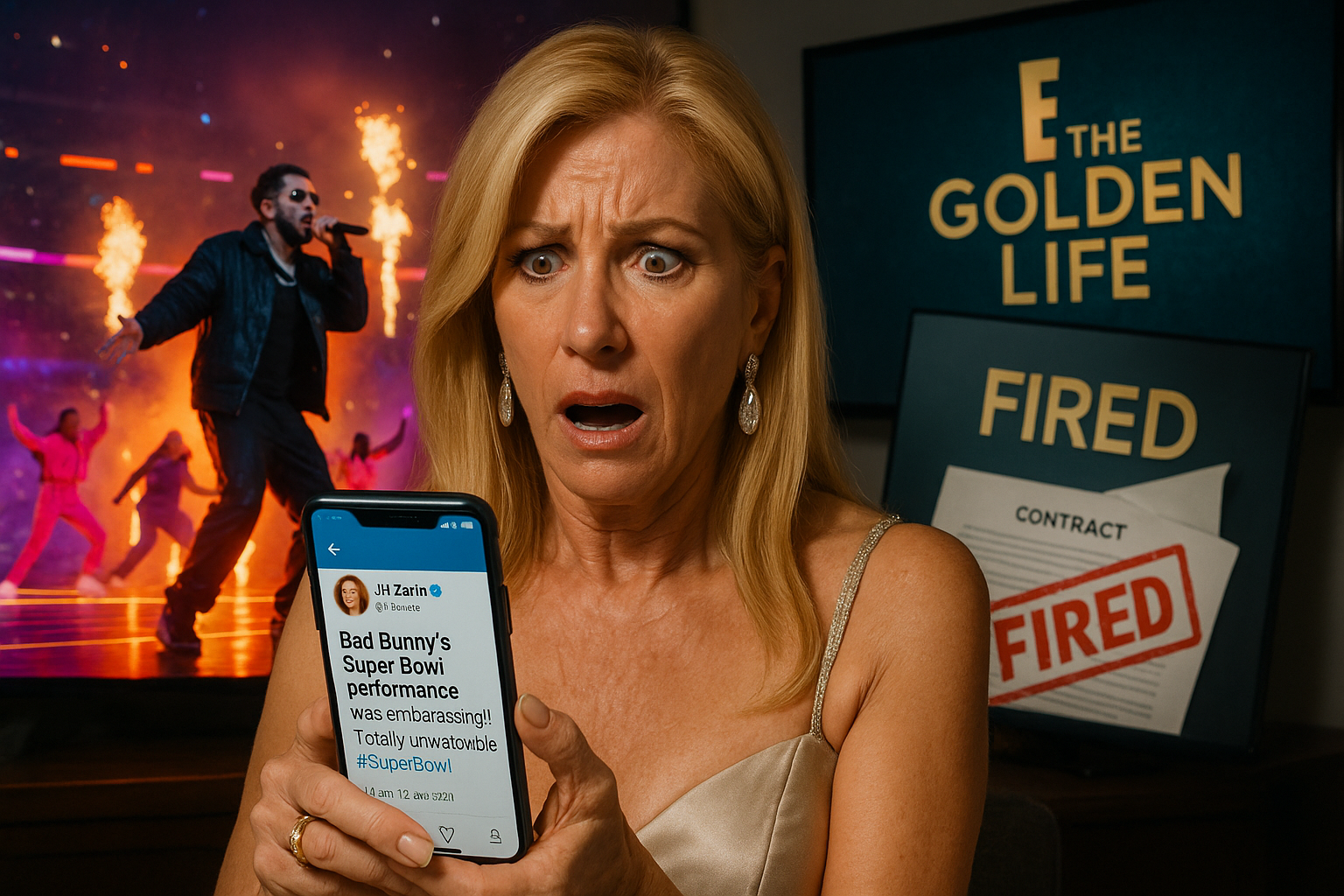 Realistic illustration of Jill Zarin looking shocked while viewing her Bad Bunny tweet on phone, with Super Bowl performance and 'The Golden Life' firing notice in background.