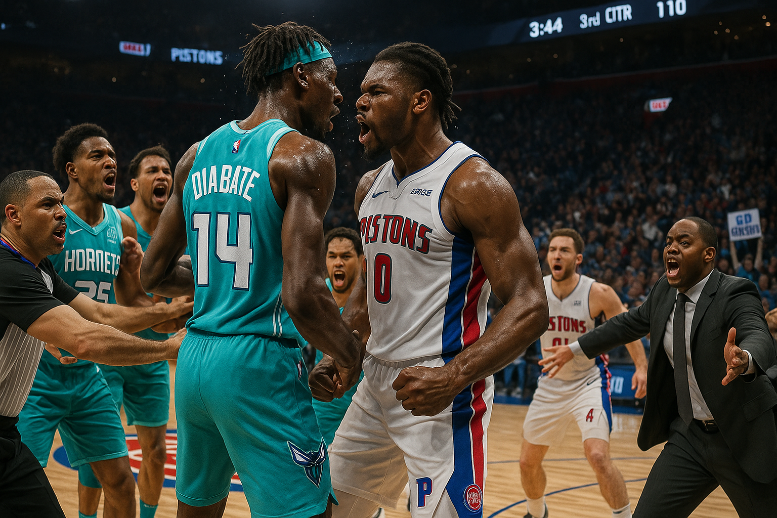 Dramatic illustration of a brawl between Pistons' Jalen Duren and Hornets' Moussa Diabate during NBA game, with referees intervening and ejections, capturing the heated third-quarter confrontation.