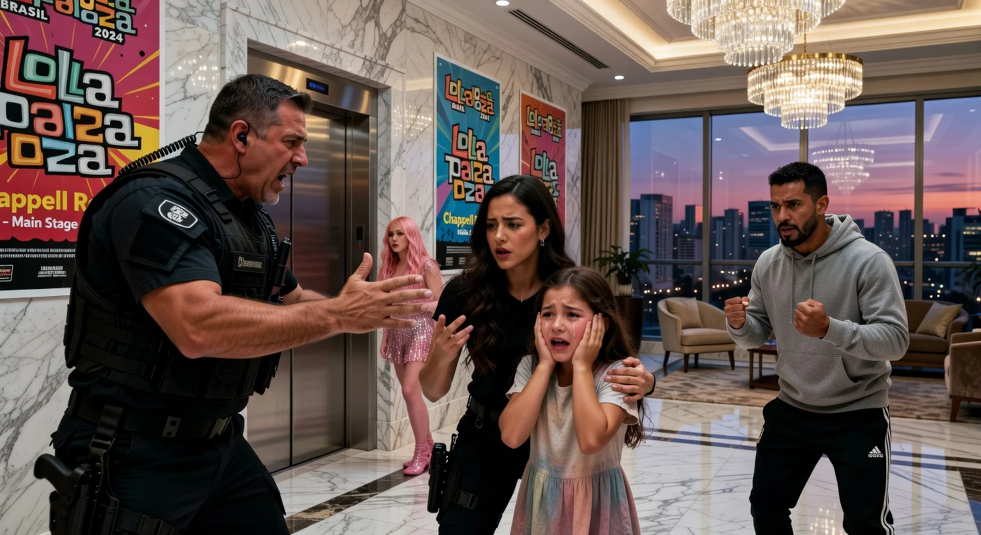 Illustration depicting Chappell Roan's security guard confronting soccer star Jorginho's wife and crying daughter in a São Paulo hotel lobby.