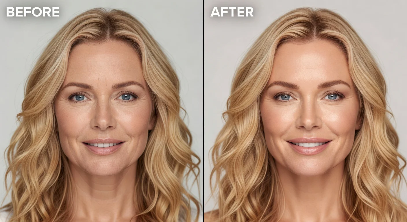 Side-by-side before-and-after portrait of Denise Richards showcasing her facelift results.