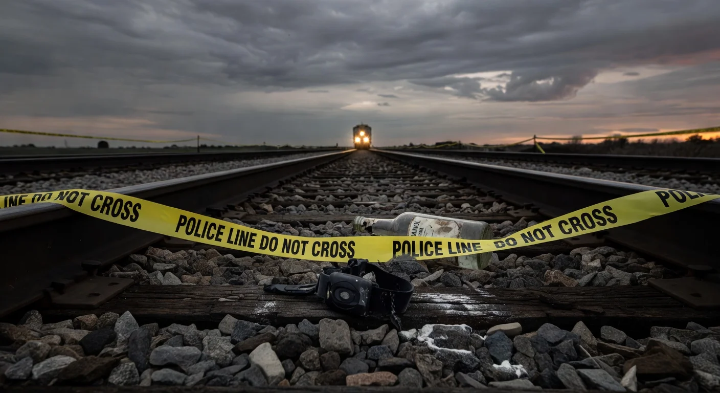 Somber photorealistic illustration of police-taped train tracks at dusk with an ankle monitor, symbolizing Joshua Allen's tragic suicide.