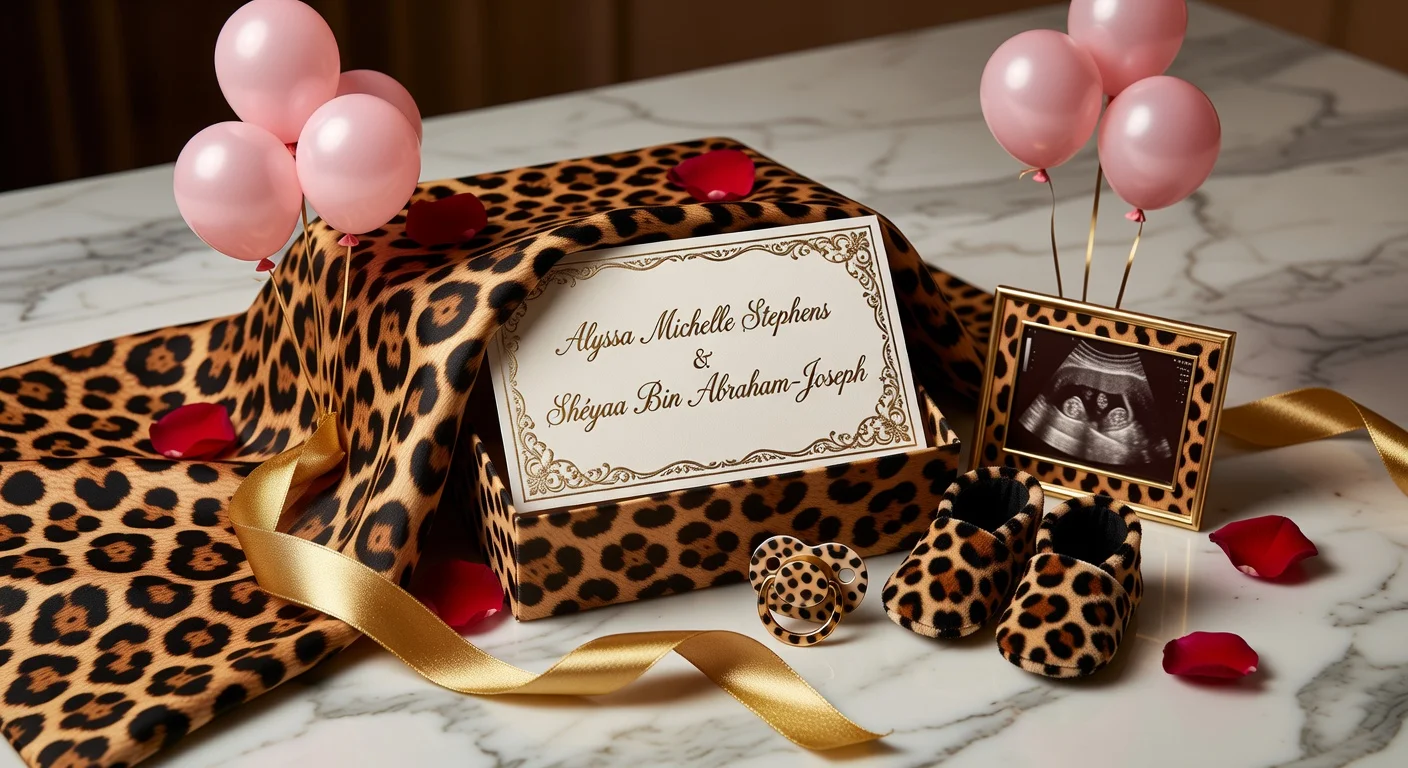 Luxurious cheetah-themed baby announcement package displaying real names of rappers Latto and 21 Savage, fueling pregnancy fatherhood speculation.
