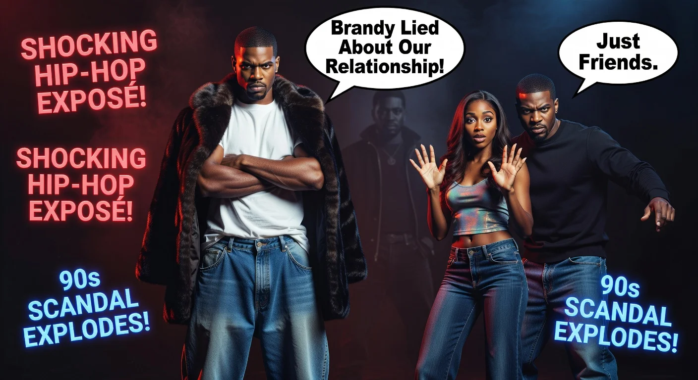 Dramatic illustration of Shyne accusing Brandy of lying about their late 90s romance, with Ray J defending her amid Mase reference.