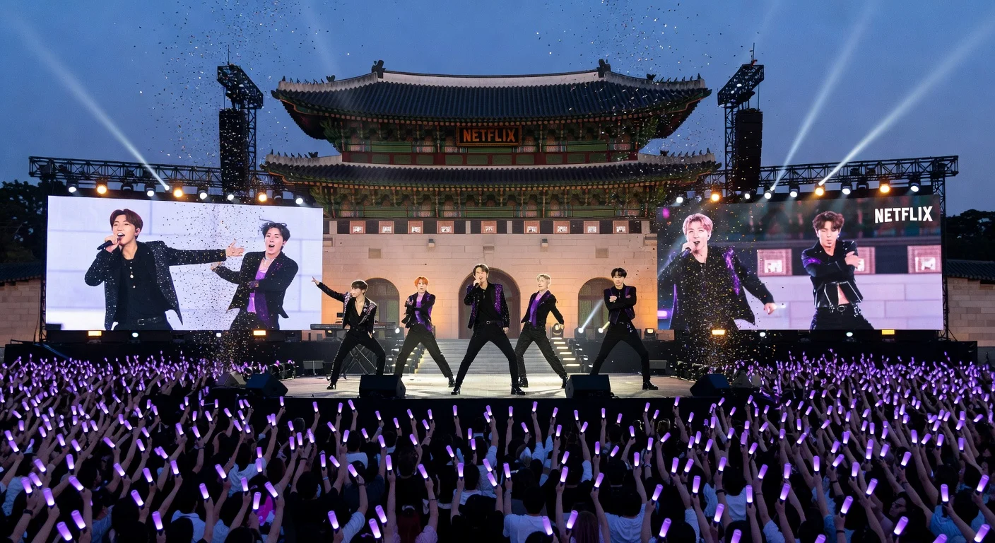 BTS performs their first full-group concert since military service at Gwanghwamun Square, surrounded by thousands of fans with glowing purple lightsticks.