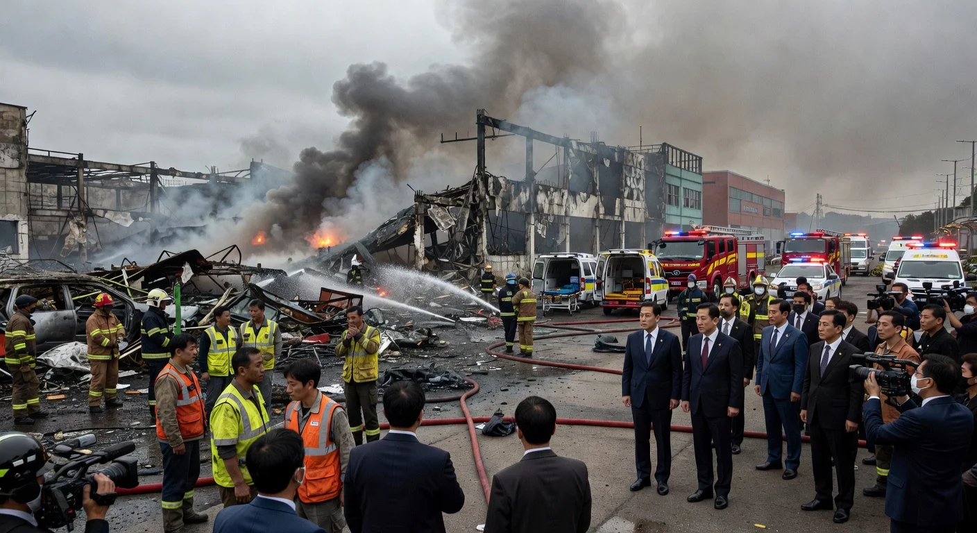 President Lee Jae-myung visits fire-damaged car parts plant in Daejeon, pledging investigation after death toll reaches 14.