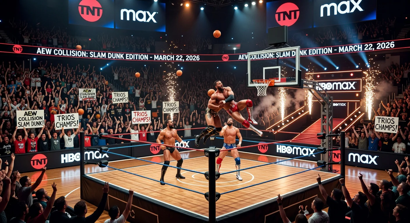 Dynamic illustration of AEW Collision Slam Dunk edition blending wrestling and basketball themes in a high-energy arena setting.