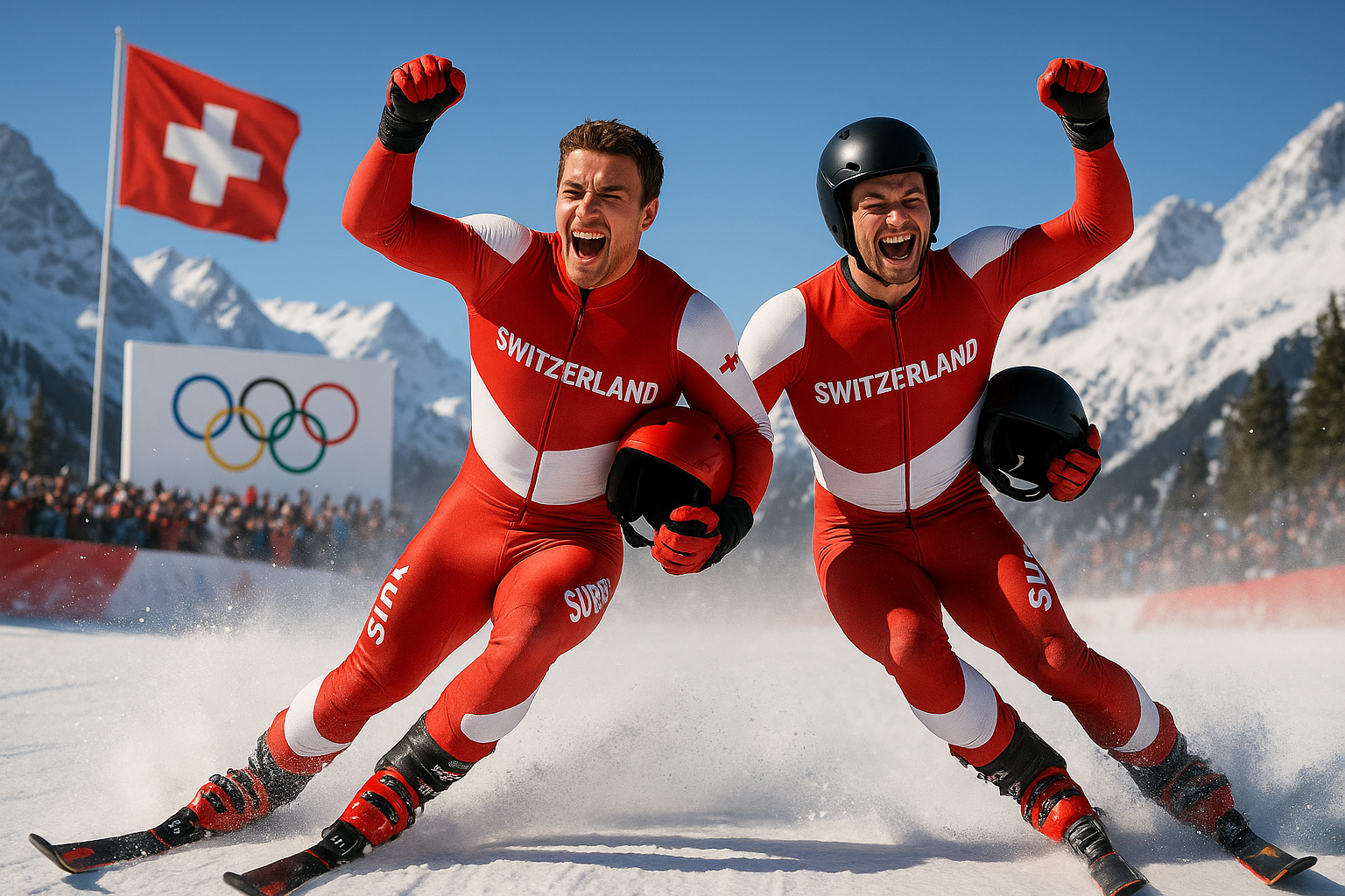 Swiss skiers Franjo von Allmen and Tanguy Nef celebrate gold medal in men's alpine team combined at 2026 Winter Olympics.