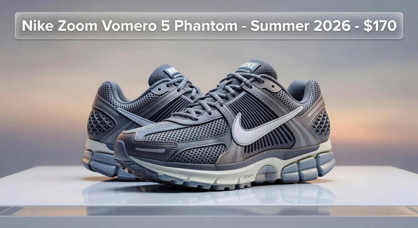 Photorealistic image of Nike Zoom Vomero 5 'Phantom' sneakers with Summer 2026 release announcement for $170.
