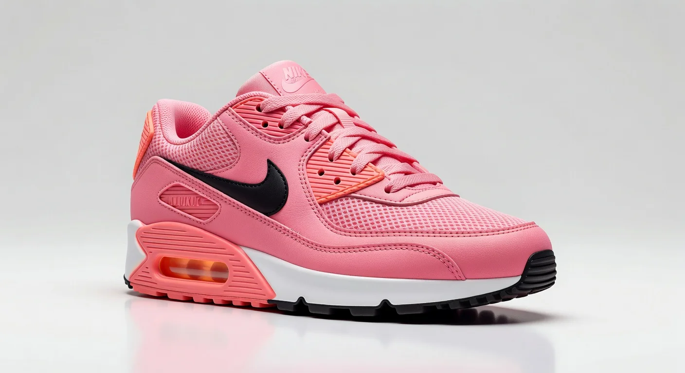 Nike Air Max 90 Pink Foam women's sneakers in a realistic product photo for sneaker news article.