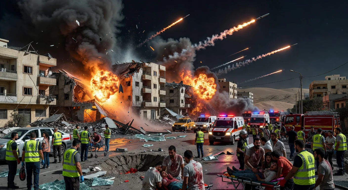 Dramatic photo illustration of Iranian missile impacts on Arad and Dimona residences, with explosions, damage, and emergency responders aiding over 100 injured including children.