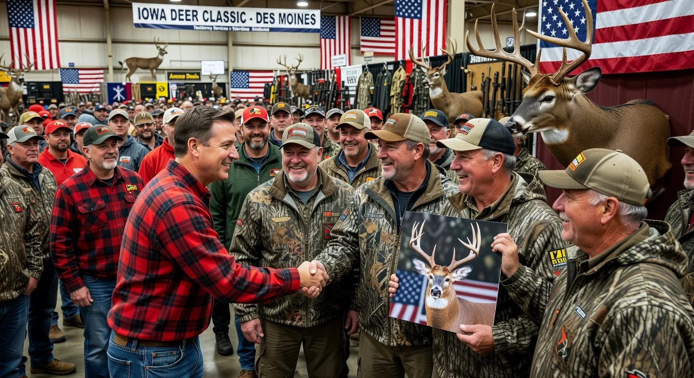 Democratic auditor Rob Sand campaigns among supportive Republican hunters at Iowa Deer Classic expo.