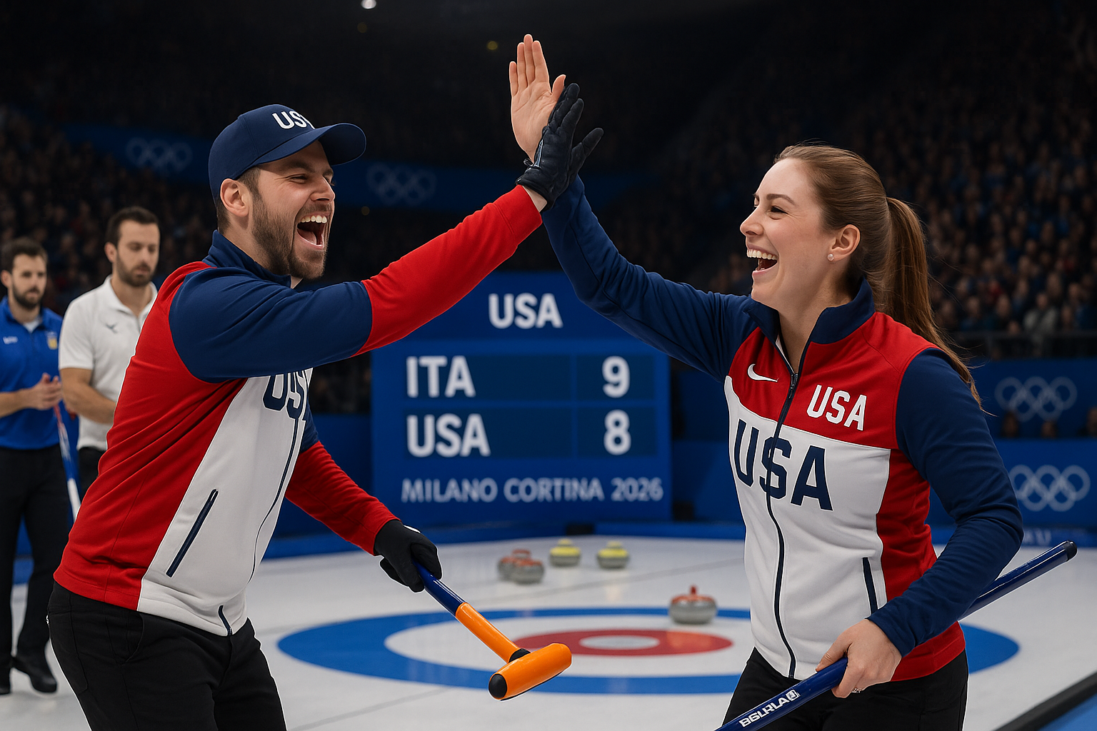 U.S. curlers Korey Dropkin and Cory Thiesse celebrate 9-8 semifinal win over Italy, advancing to gold medal final against Sweden at 2026 Winter Olympics.