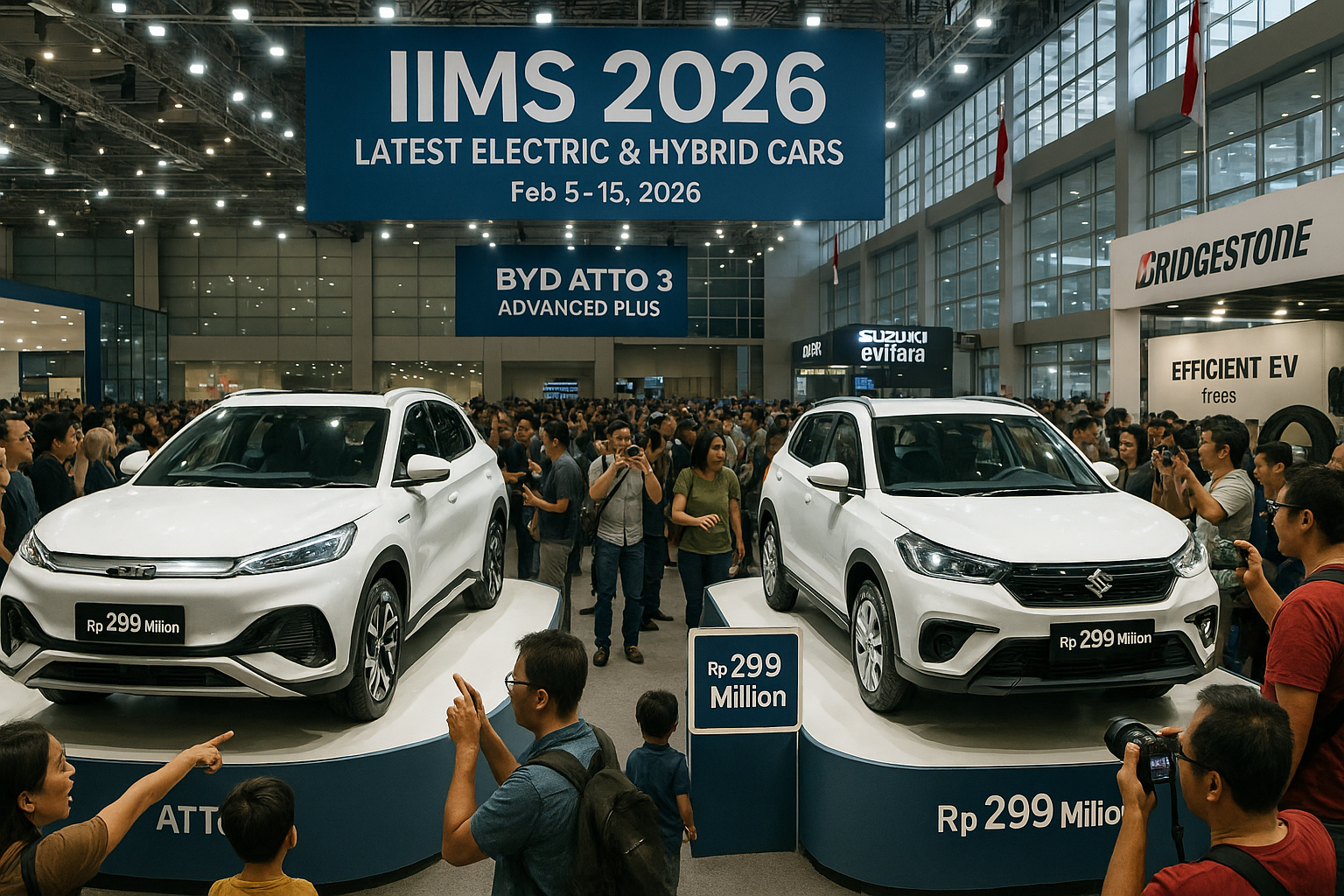 Photorealistic illustration of IIMS 2026 motor show in Jakarta, showcasing new electric cars like BYD Atto 3 and Suzuki eVitara amid excited crowds.
