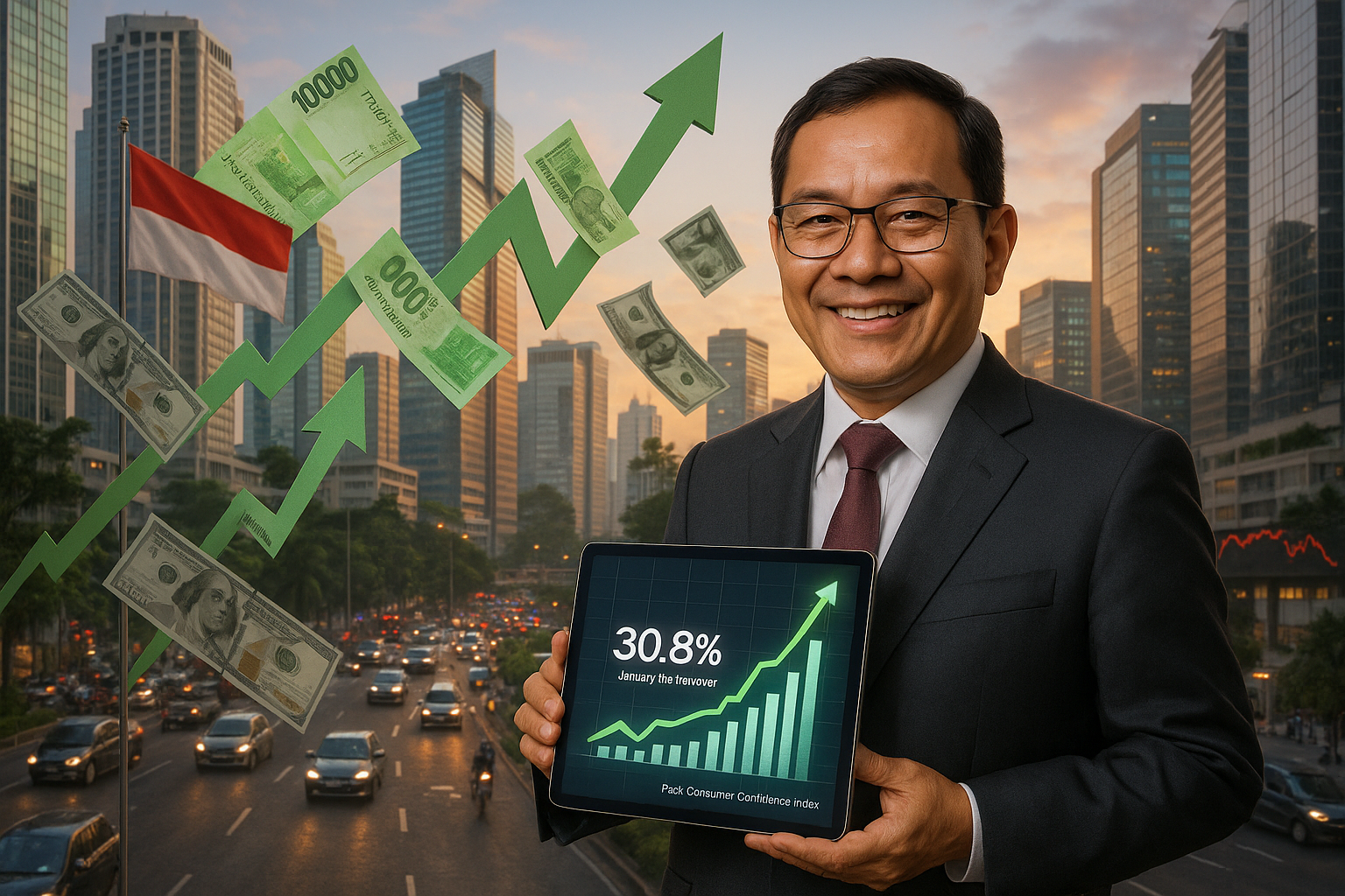 Illustration of strengthening Rupiah amid tax revenue optimism, featuring Finance Minister and rising currency charts in Jakarta's financial hub.