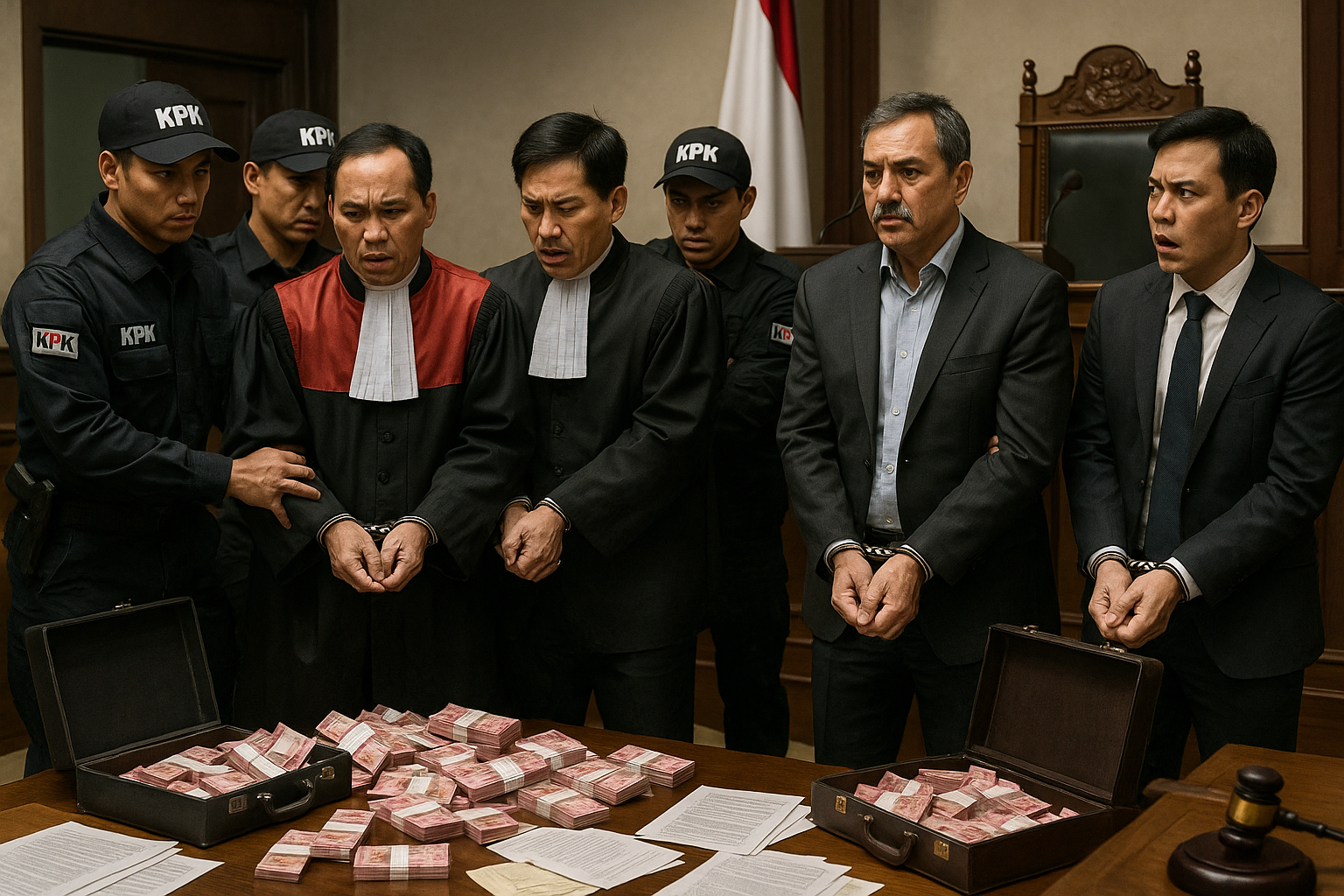 Dramatic illustration of KPK officers arresting corrupt Depok judges and executives in a bribery sting operation at the district court.