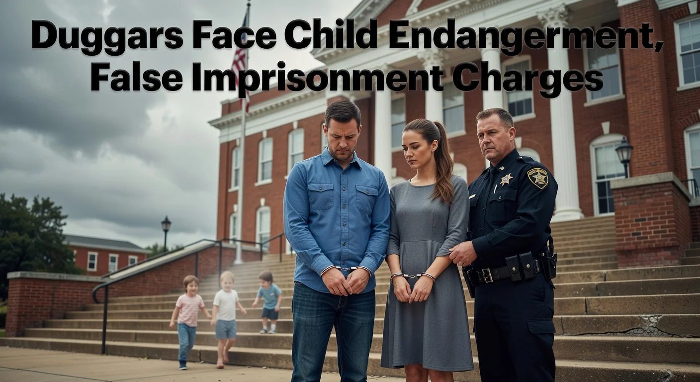 Somber illustration of Joseph and Kendra Duggar outside Arkansas courthouse facing child endangerment charges, with deputy and headlines.