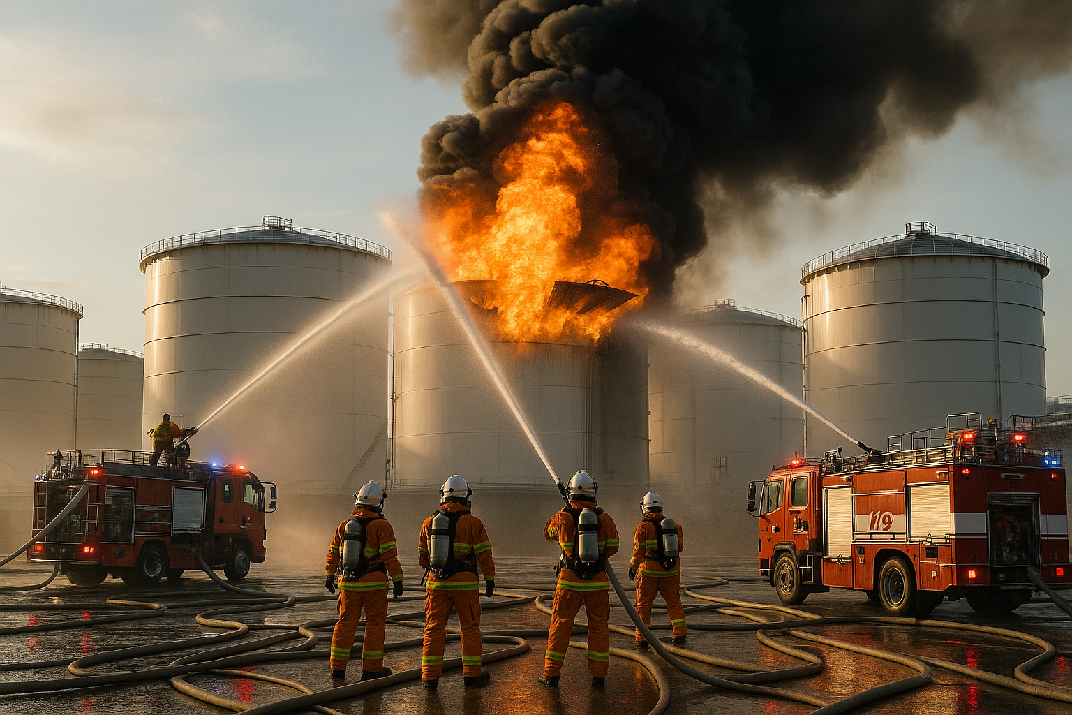Firefighters contain blaze at Gyeongsan oil storage facility following tank explosion, no casualties.