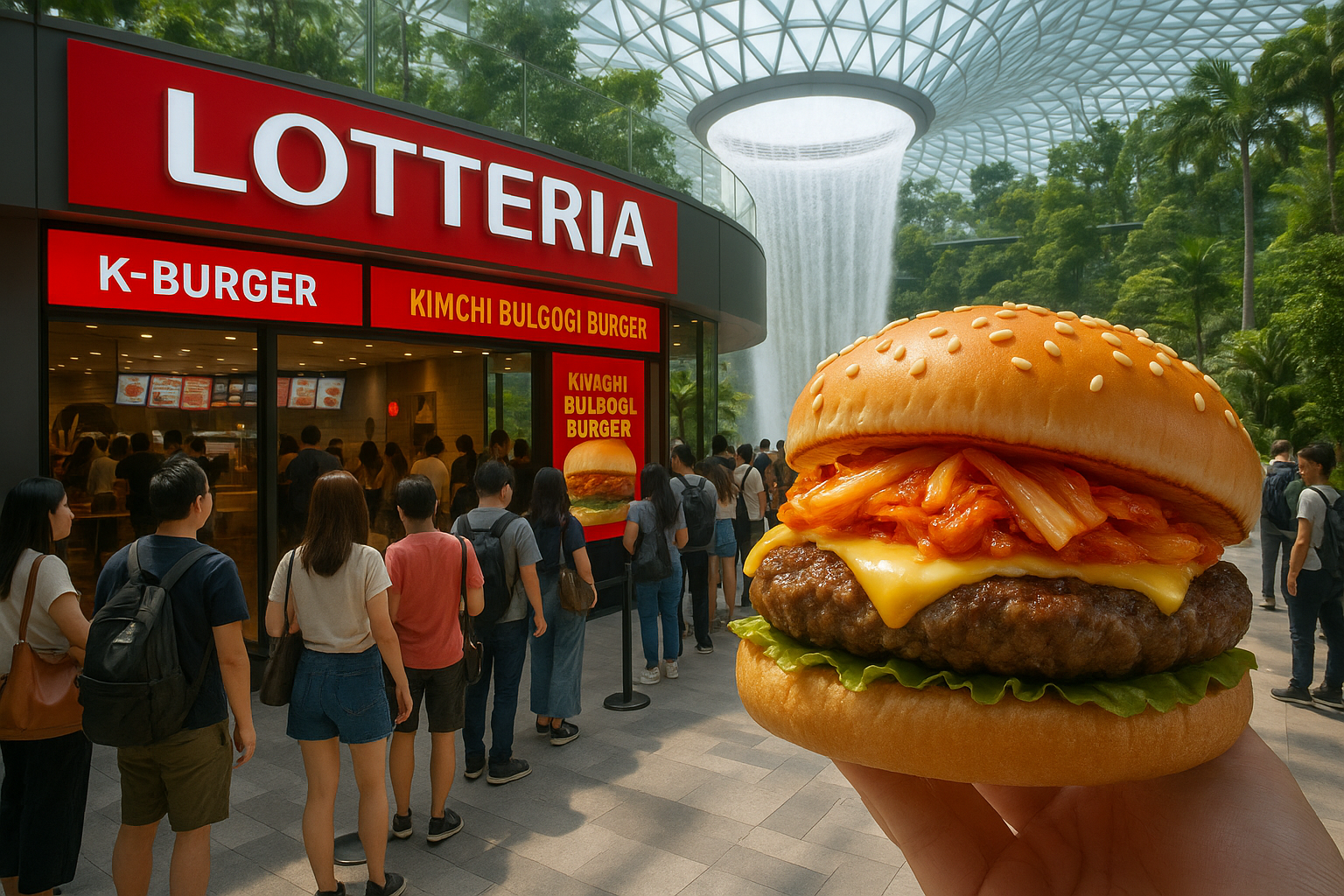 Lotteria opens its first Singapore outlet at Jewel Changi Airport, featuring K-burgers like kimchi bulgogi amid the iconic waterfall and greenery.