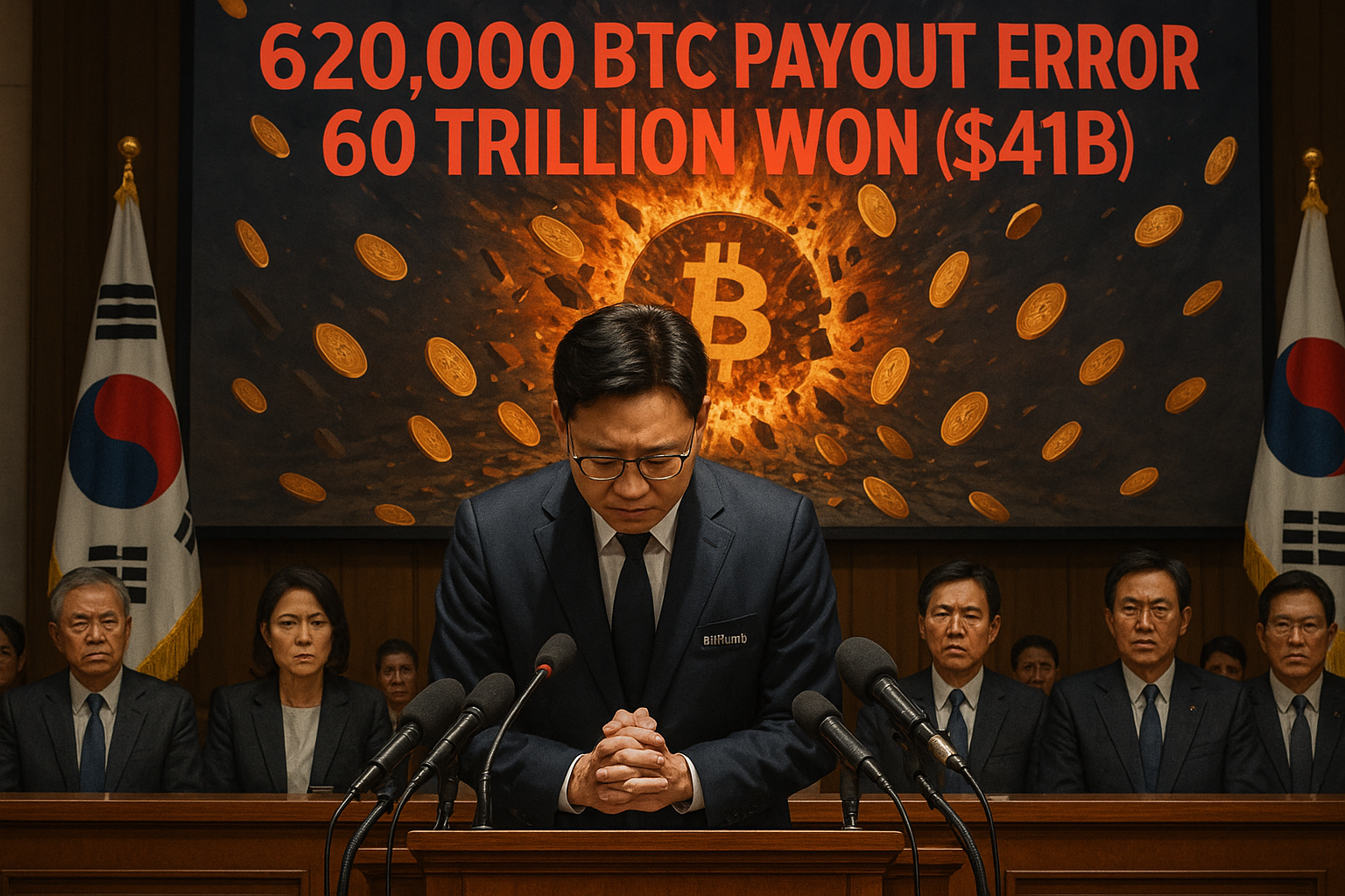 Bithumb CEO Lee Jae-won bows apologetically at a South Korean parliamentary hearing, with a screen showing the massive bitcoin payout error behind him.