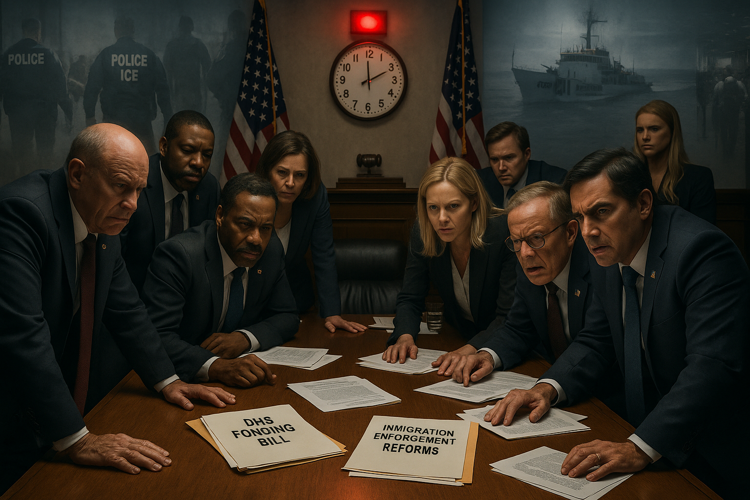 Tense congressional meeting over stalled DHS funding talks, with lawmakers debating immigration reforms amid shutdown threat to Coast Guard and TSA.