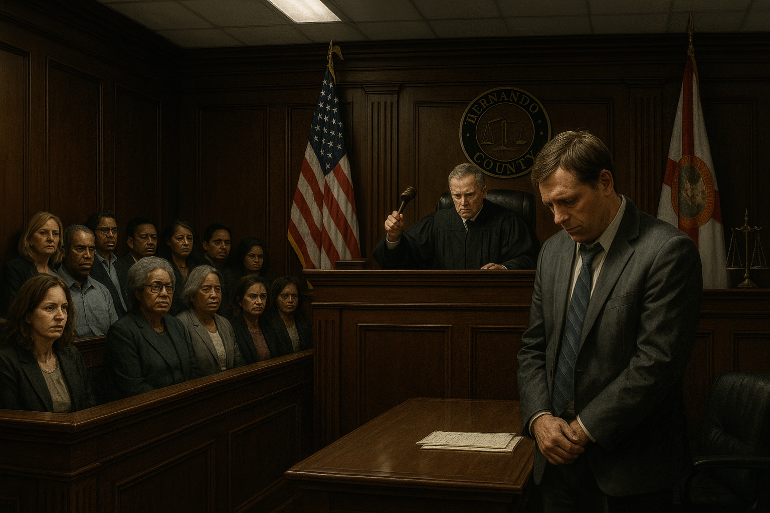 Realistic courtroom illustration depicting the conviction of a defendant in a Florida child sex-abuse trial.