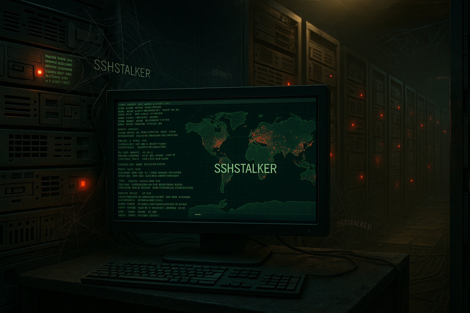 Dramatic server room scene illustrating the SSHStalker Linux botnet infecting thousands of vulnerable servers via SSH exploits.