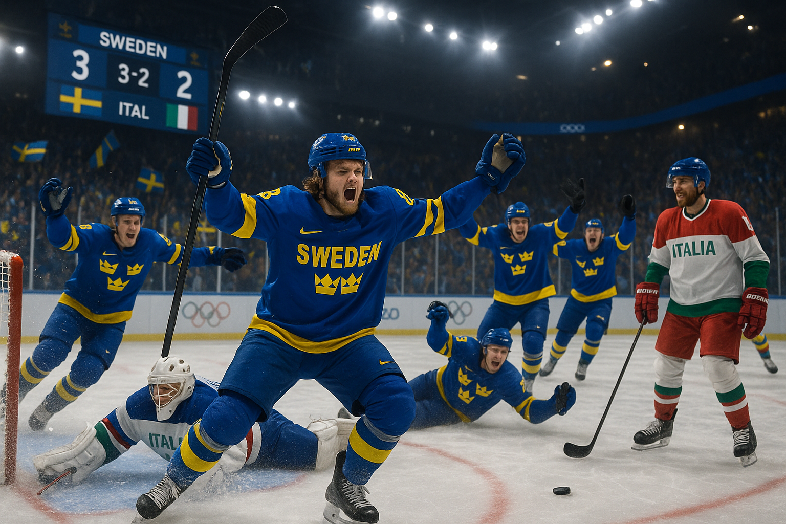 Sweden's William Nylander scores crucial goal vs. Italy in 2026 Olympics hockey opener, teammates celebrate amid Olympic arena excitement.