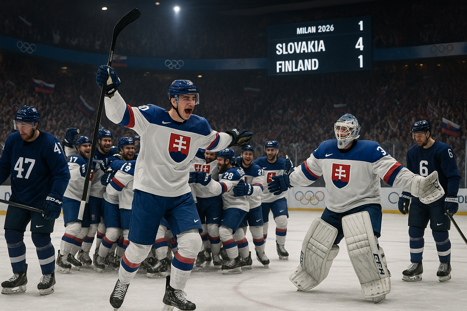 Slovak hockey players celebrate 4-1 Olympic upset win over Finland, with star scorer Juraj Slafkovsky and goaltender Samuel Hlavaj.