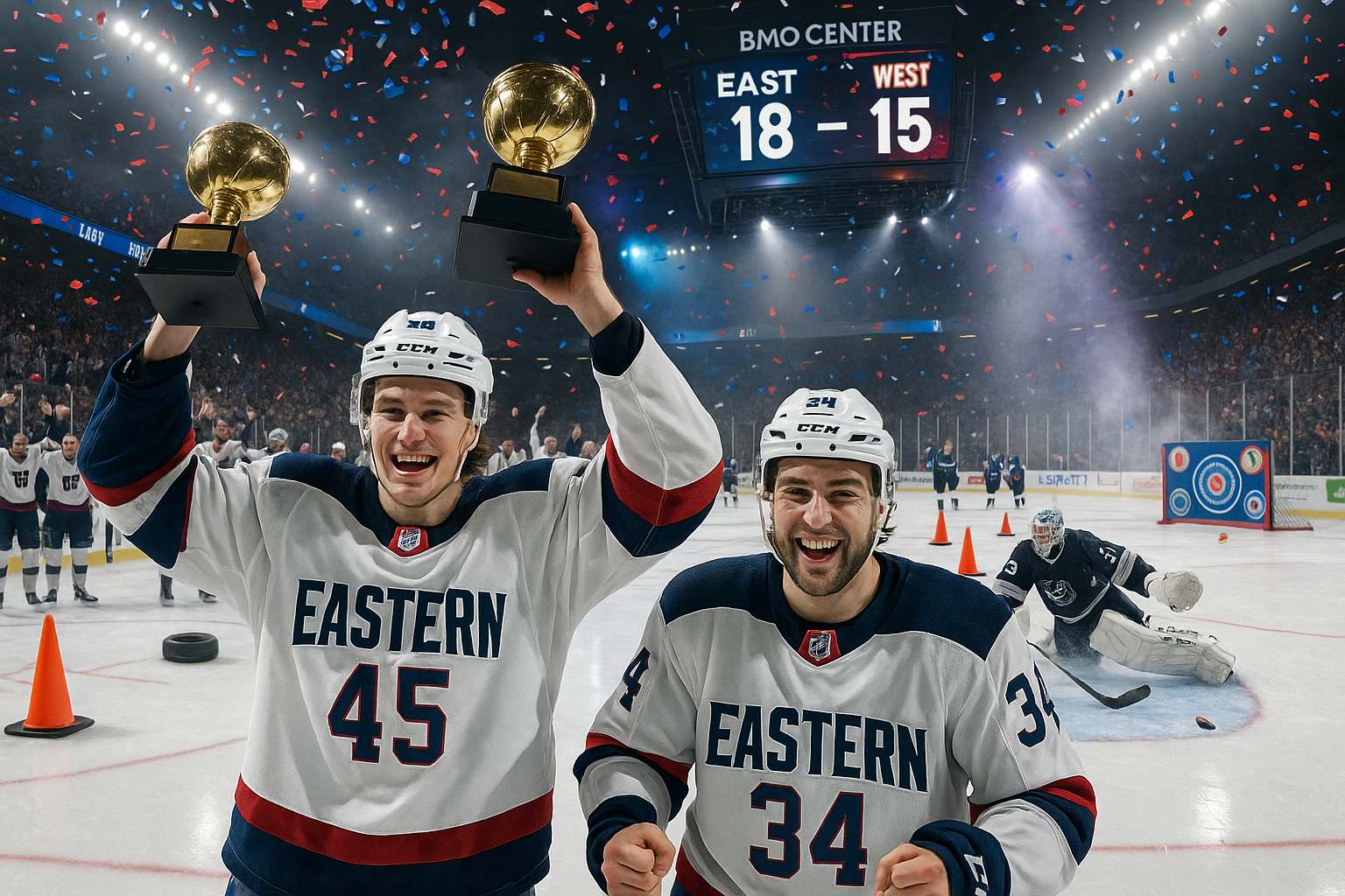 Eastern Conference celebrates 18-15 win over Western in 2026 AHL All-Star Skills Competition at BMO Center, featuring stars Helenius, Kaliyev, and Clang.