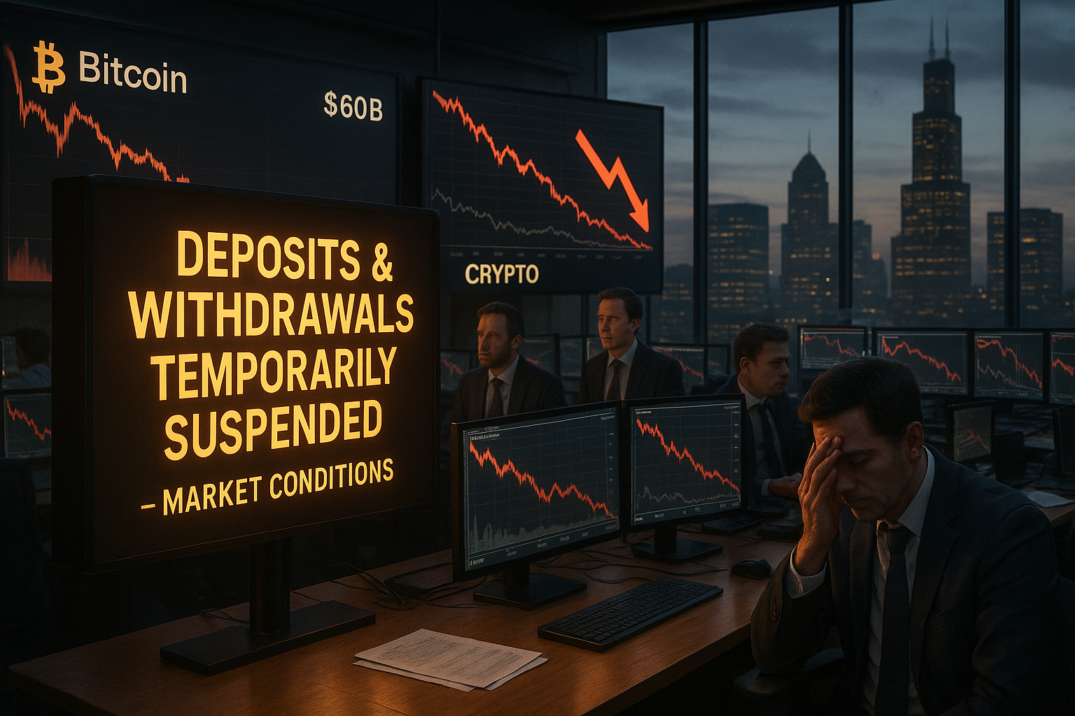 BlockFills trading floor in Chicago amid crypto crash, with screens showing falling prices and a 'Withdrawals Suspended' notice.
