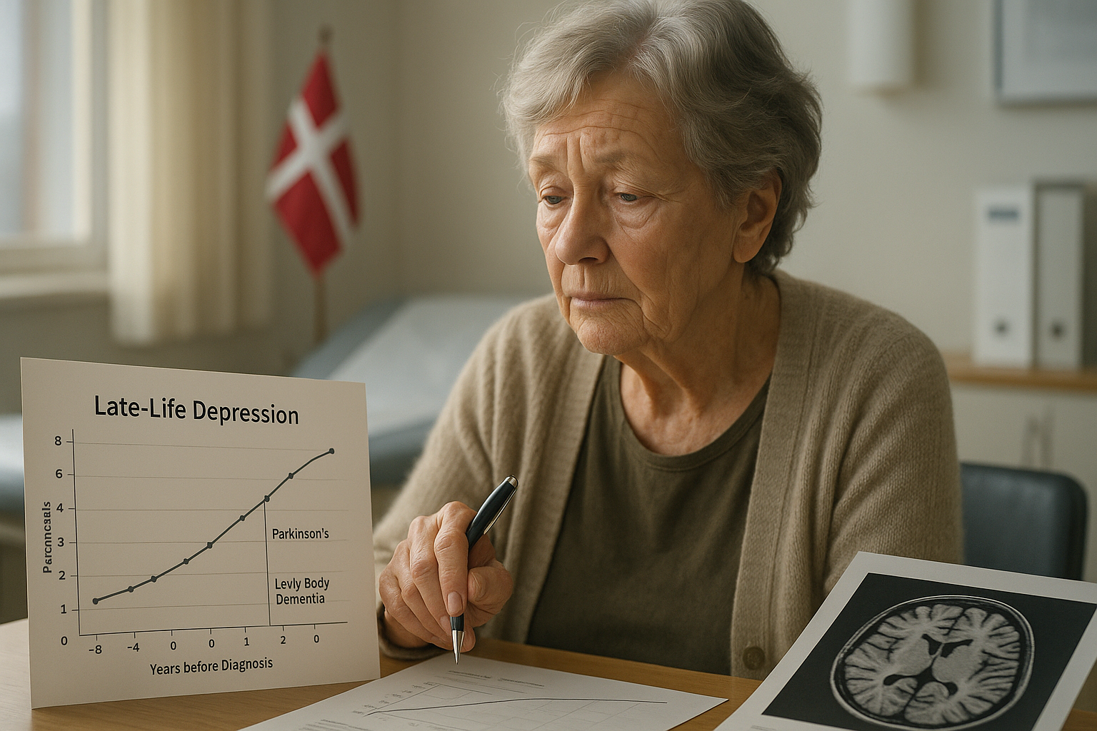 Illustration of an elderly woman reviewing medical charts linking late-life depression to early signs of Parkinson’s disease or Lewy body dementia.