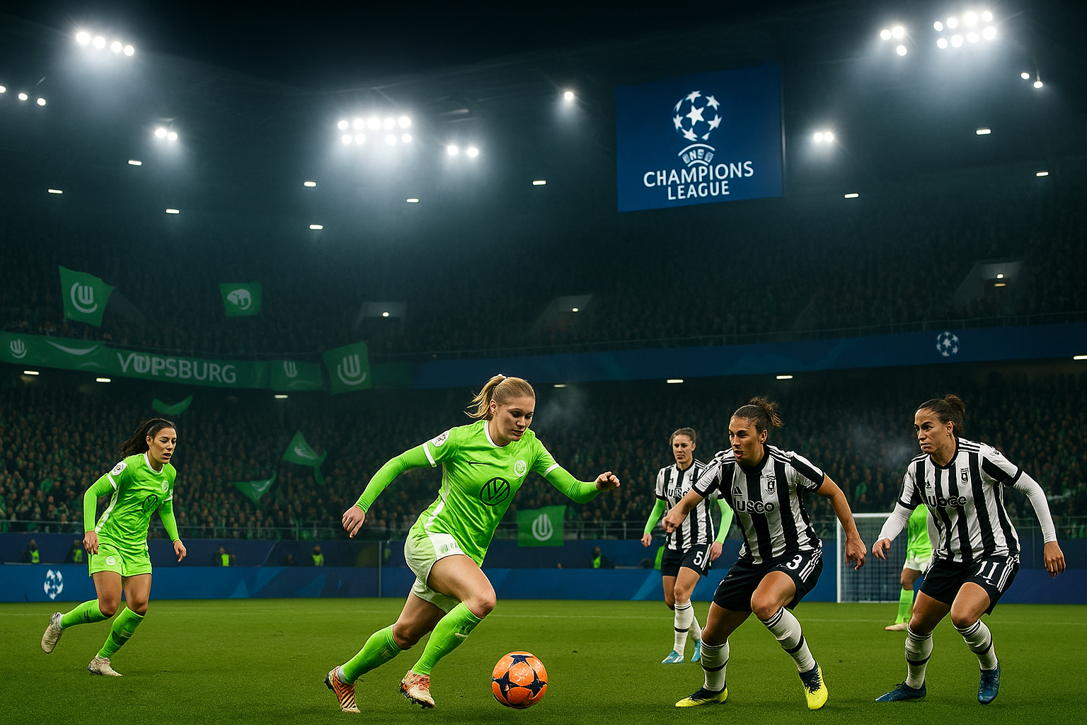 Dramatic night scene of VfL Wolfsburg women hosting Juventus in UEFA Women's Champions League playoff, with action on the pitch and passionate home crowd.