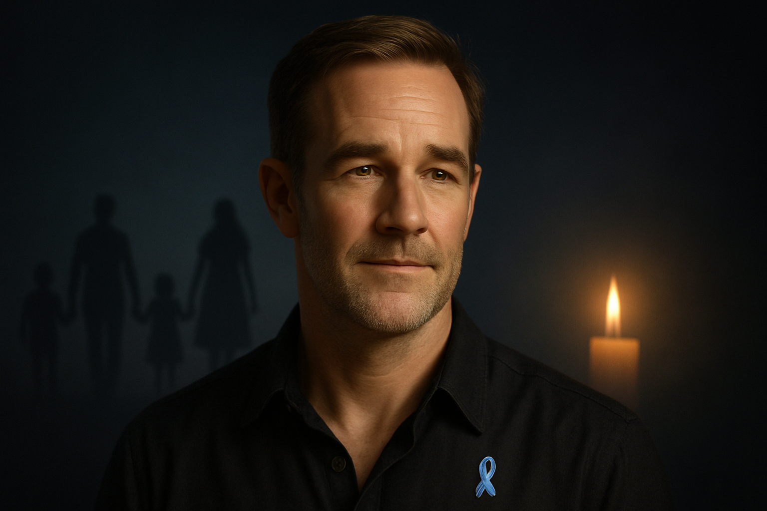 Somber photorealistic portrait of James Van Der Beek, illustrating news of his peaceful passing from colorectal cancer at age 48.