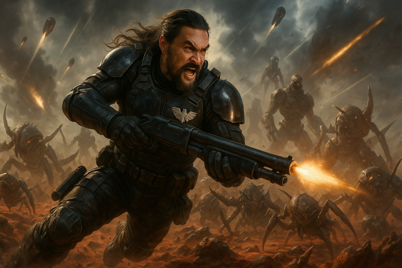 Jason Momoa as a Helldivers soldier fiercely battling alien hordes on Super Earth in a promotional image for the upcoming film adaptation.