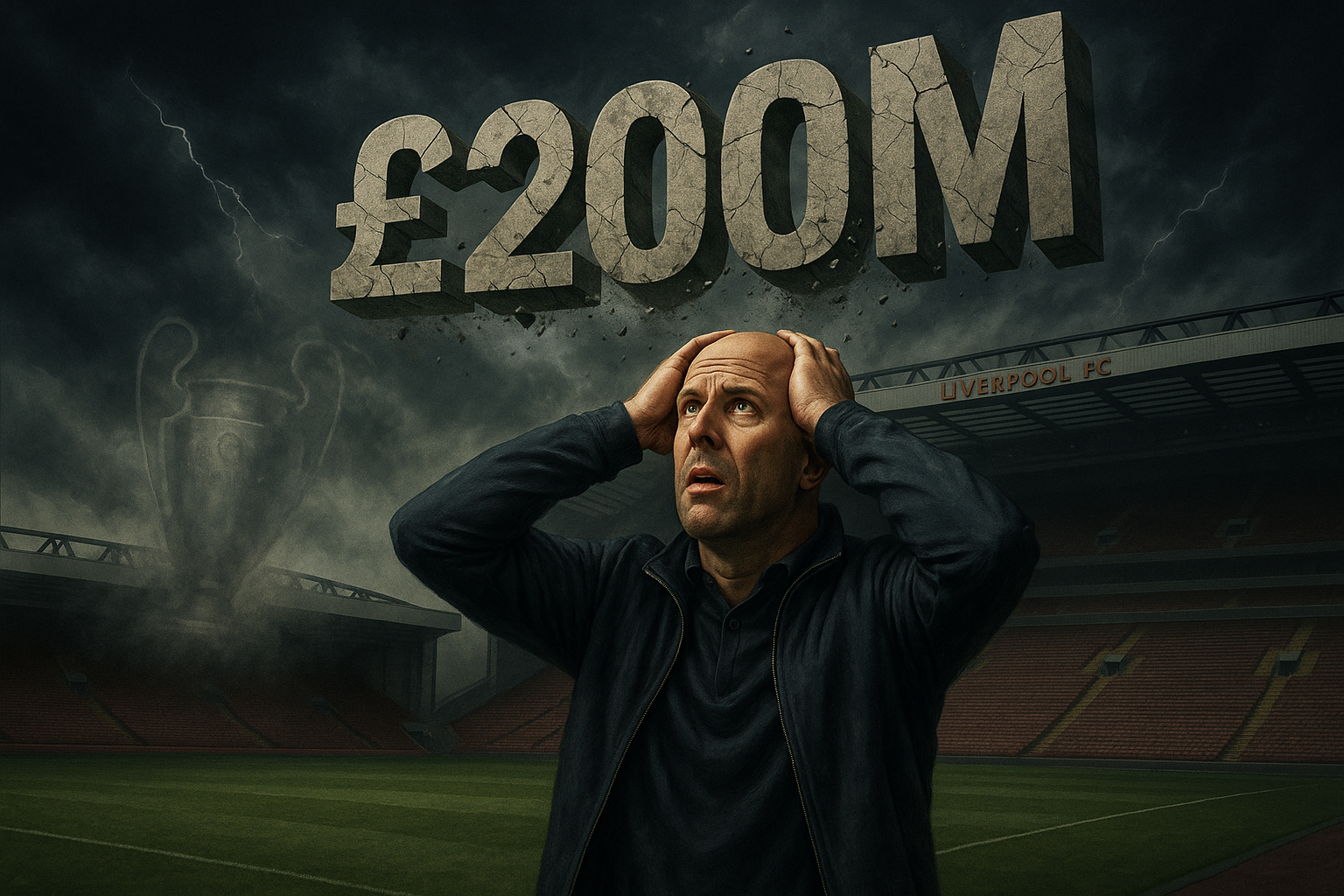 Dramatic photo-realistic image of Liverpool FC coach Arne Slot at Anfield Stadium amid symbols of £200m financial loss and fading Champions League hopes.
