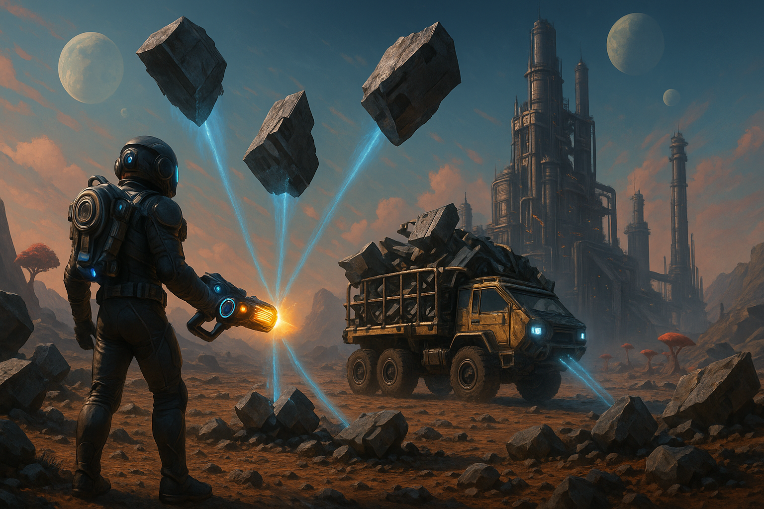 Sci-fi explorer using Gravitino Coil gravity gun to scavenge debris with a truck on an alien planet in No Man's Sky Remnant update.