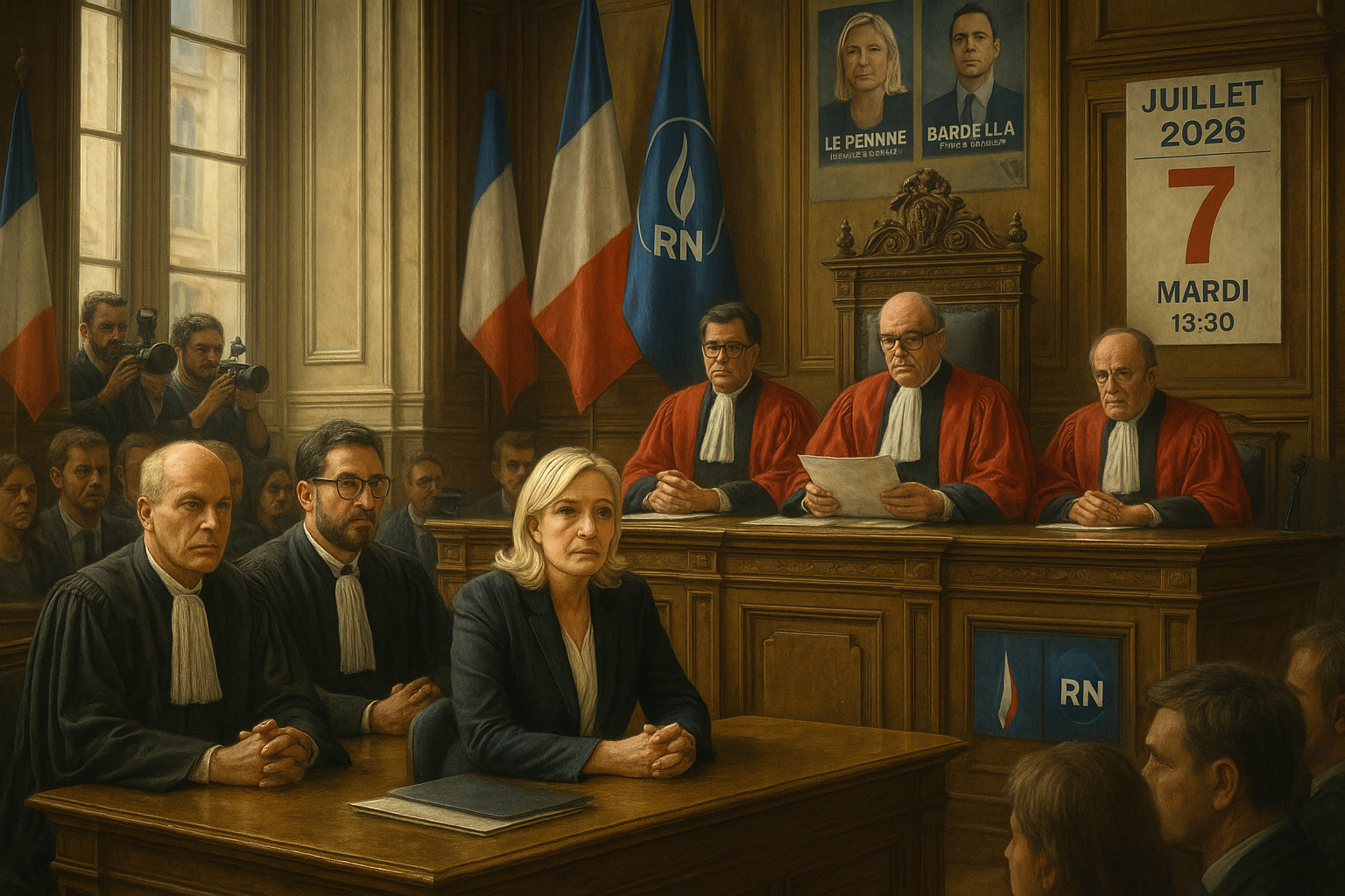 Dramatic courtroom scene of Marine Le Pen awaiting Paris appeal court verdict on RN embezzlement case, crucial for her 2027 presidential candidacy.